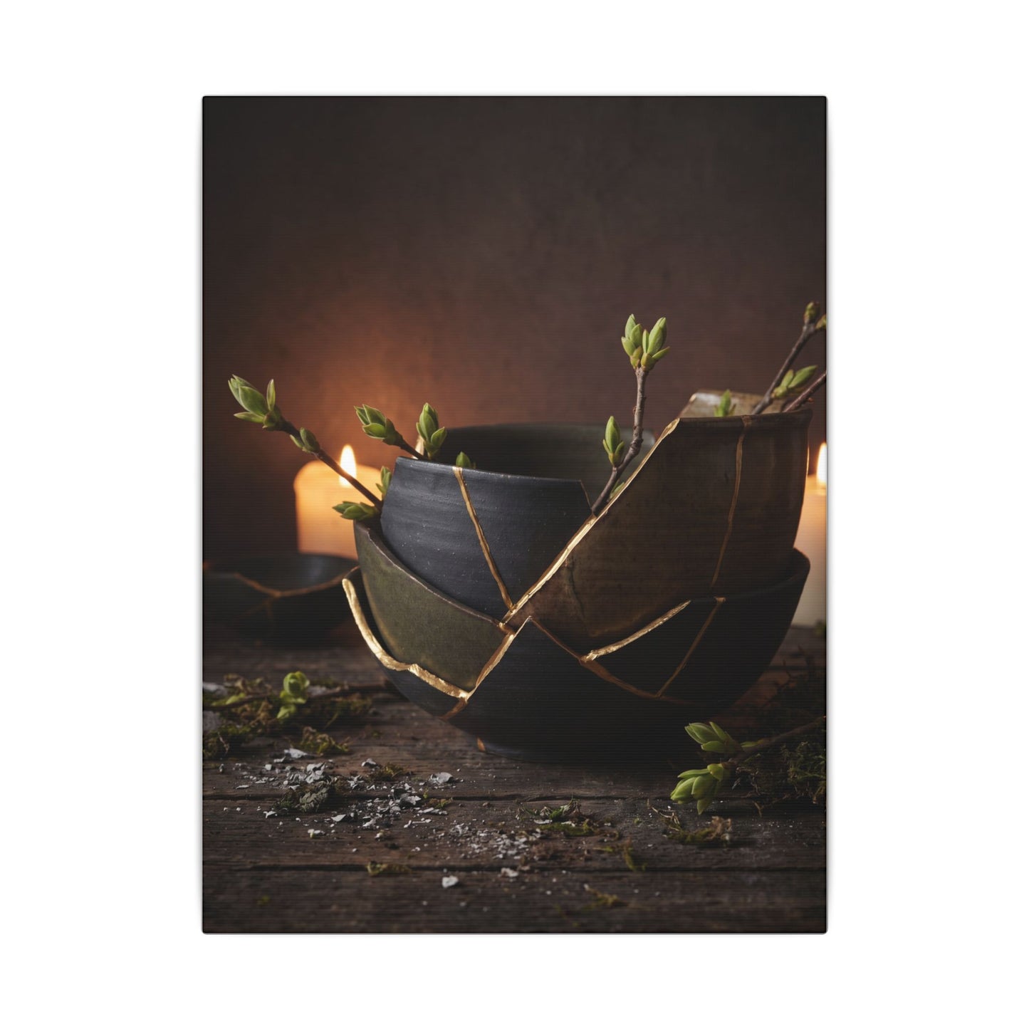 Broken Pottery Spring Canvas Art | Dark Japandi Luxurious Design