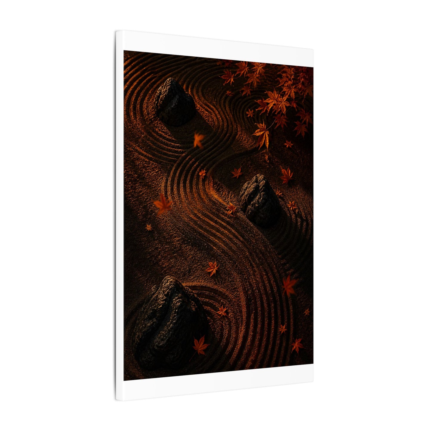 Dark Japandi Rock Garden in Golden Hour | Charcoal Ink Canvas Art