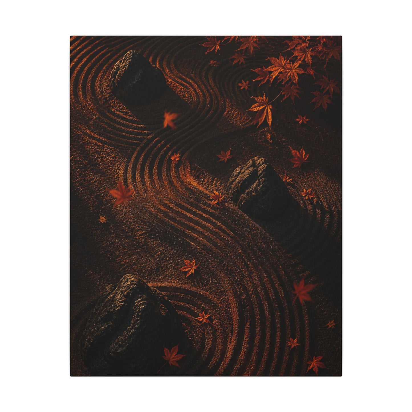 Dark Japandi Rock Garden in Golden Hour | Charcoal Ink Canvas Art