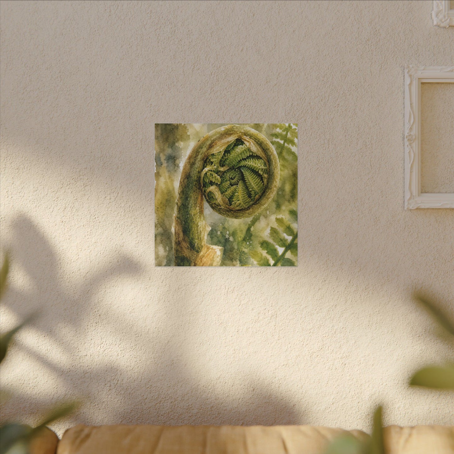 Japandi Fern Unfurling in Dappled | Watercolor Canvas Art