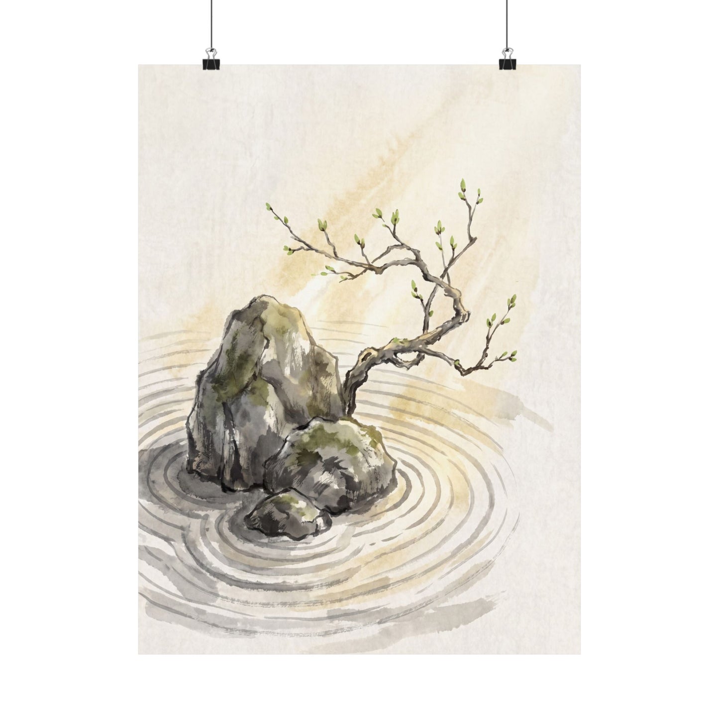 Zen Rock Garden in Golden Hour | Sumi E Wall Art Print Art Print