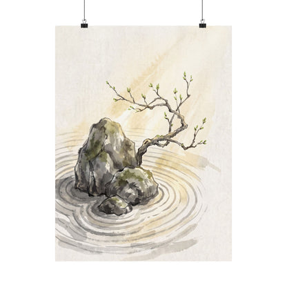 Zen Rock Garden in Golden Hour | Sumi E Wall Art Print Art Print