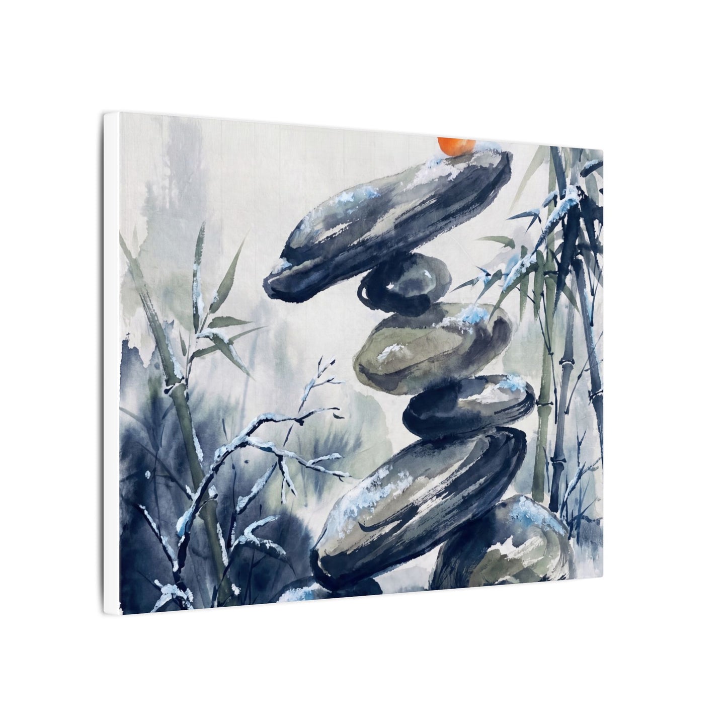 Zen River Stones in Moonlight | Sumi E Canvas Art
