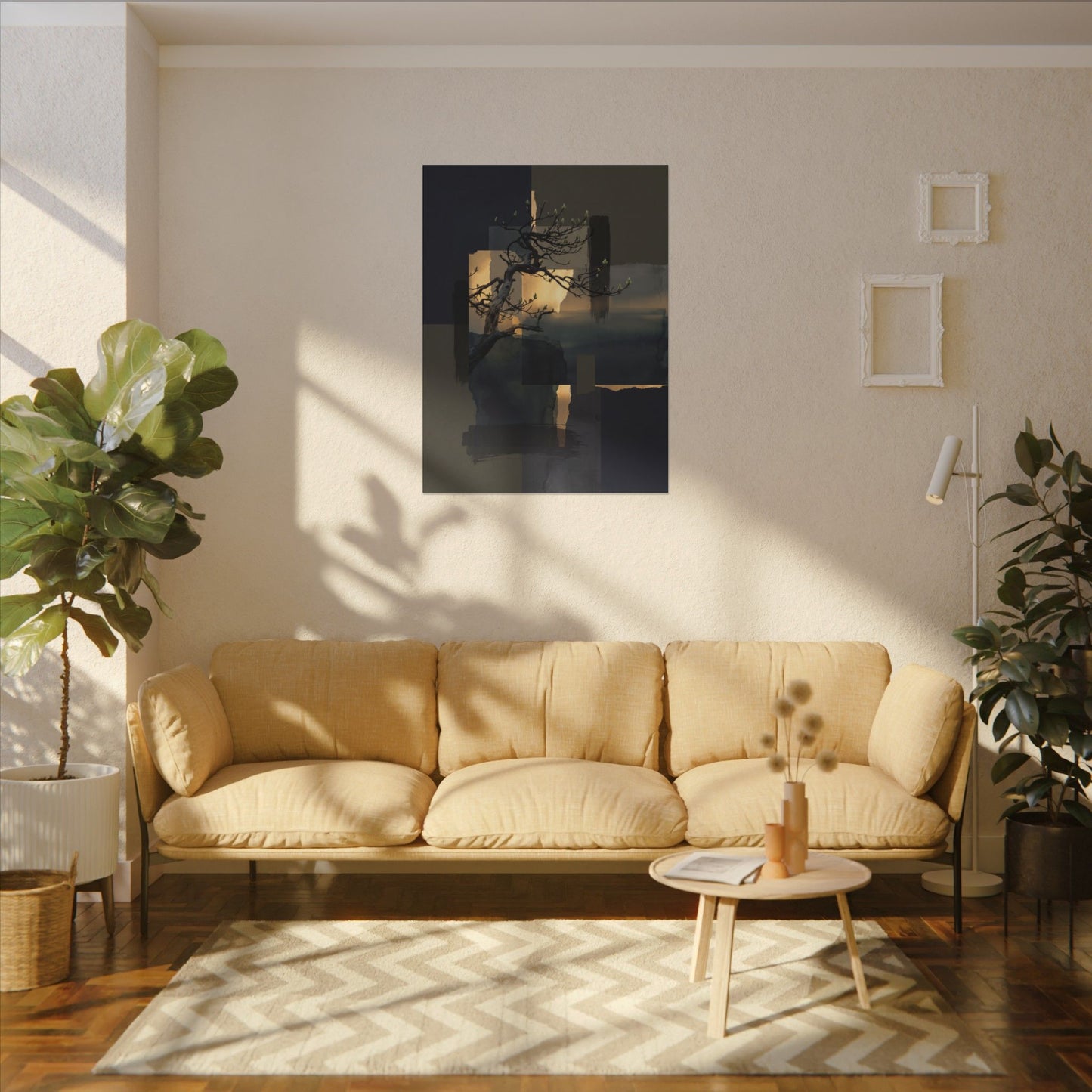 Golden Hour Pine Tree Canvas Art - Dark Japandi Kanso