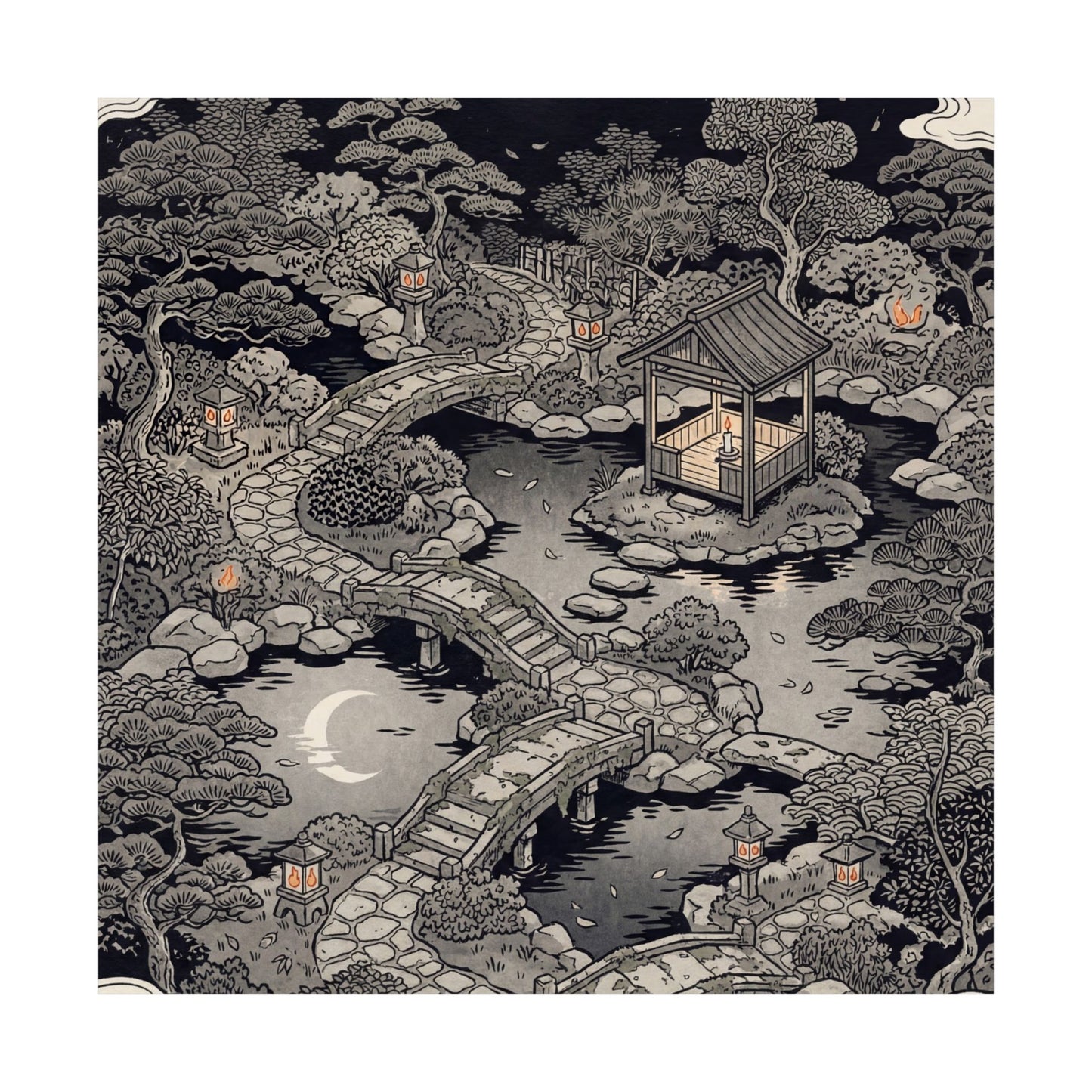 Summer Moonlit Garden Ukiyo E Inspired Wall Art Print | Serene Decor