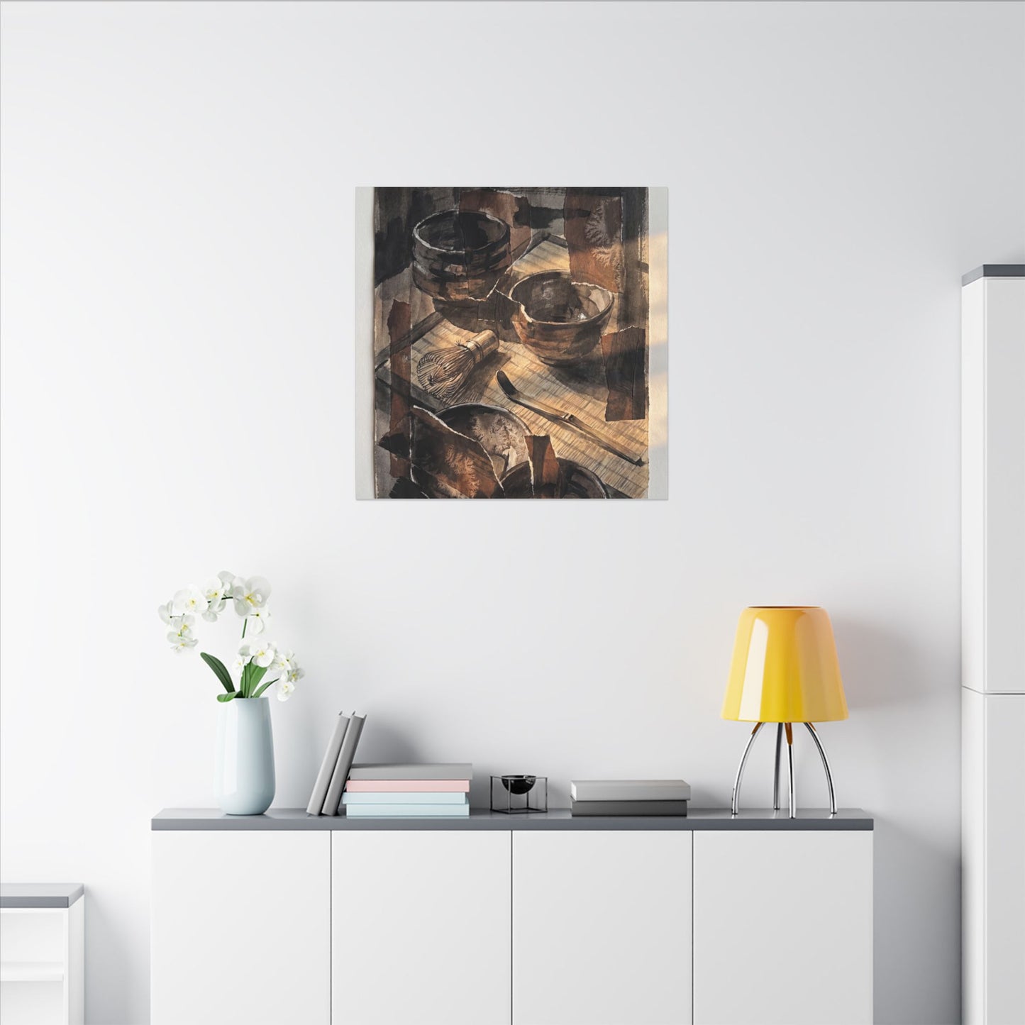 Tea Ceremony Charcoal Ink Canvas Art | Luxurious Dark Japandi Art