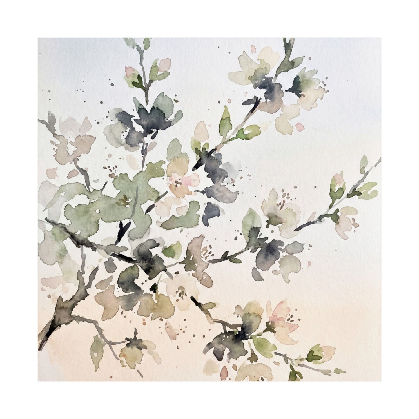 Spring Cherry Blossom Watercolor Wall Art Print | Warm Decor