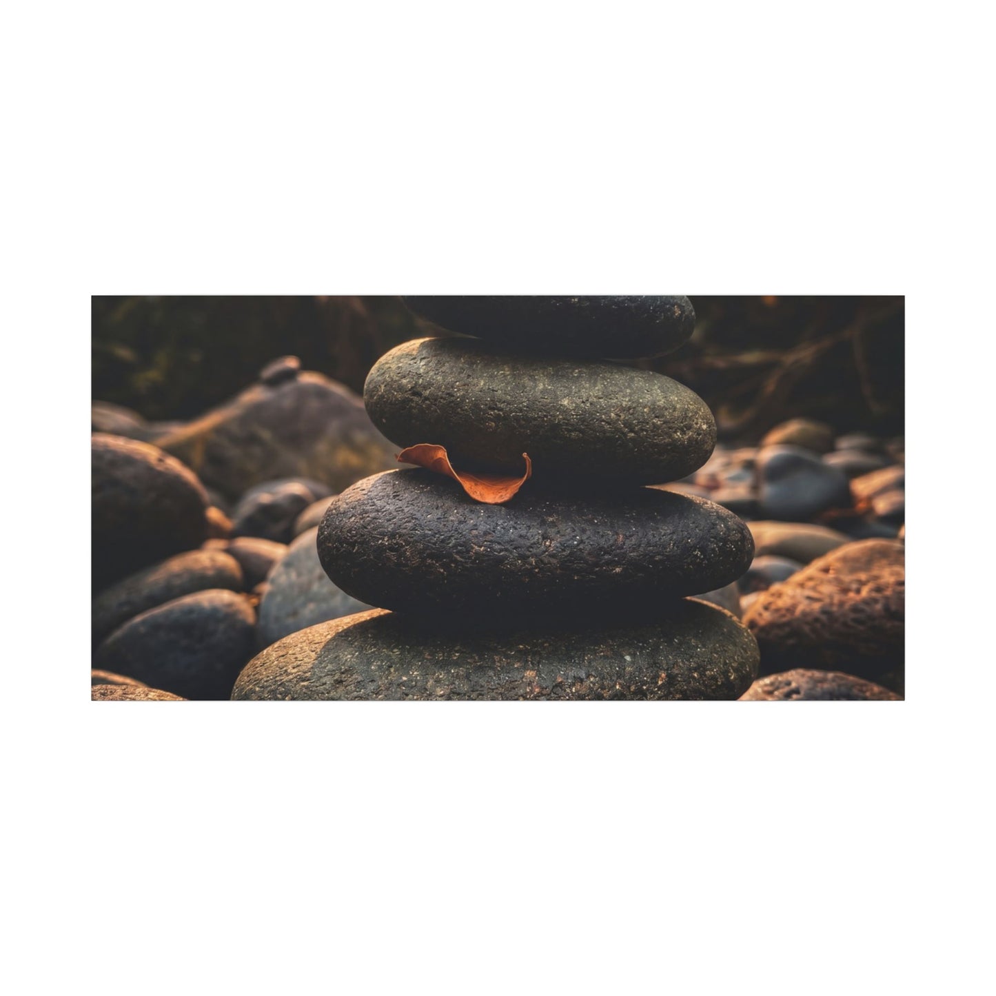Dark Japandi River Stones in Golden Hour | Moody Minimal Canvas Art