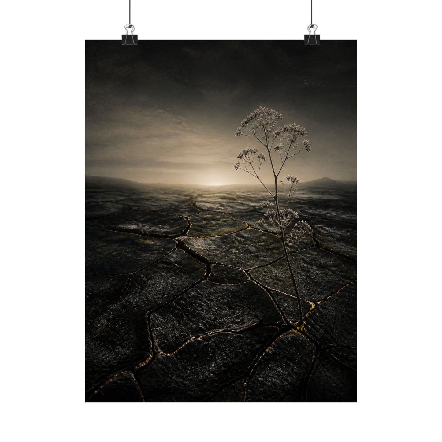 Dawn Cracked Earth Wall Art Print - Dark Japandi Mono No Aware