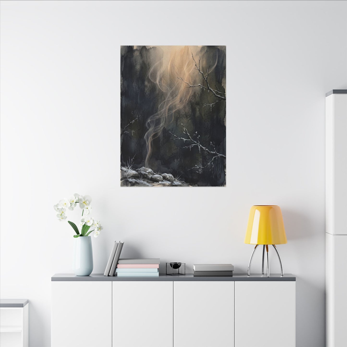 Incense Smoke Winter Canvas Art | Dark Japandi Moody Design