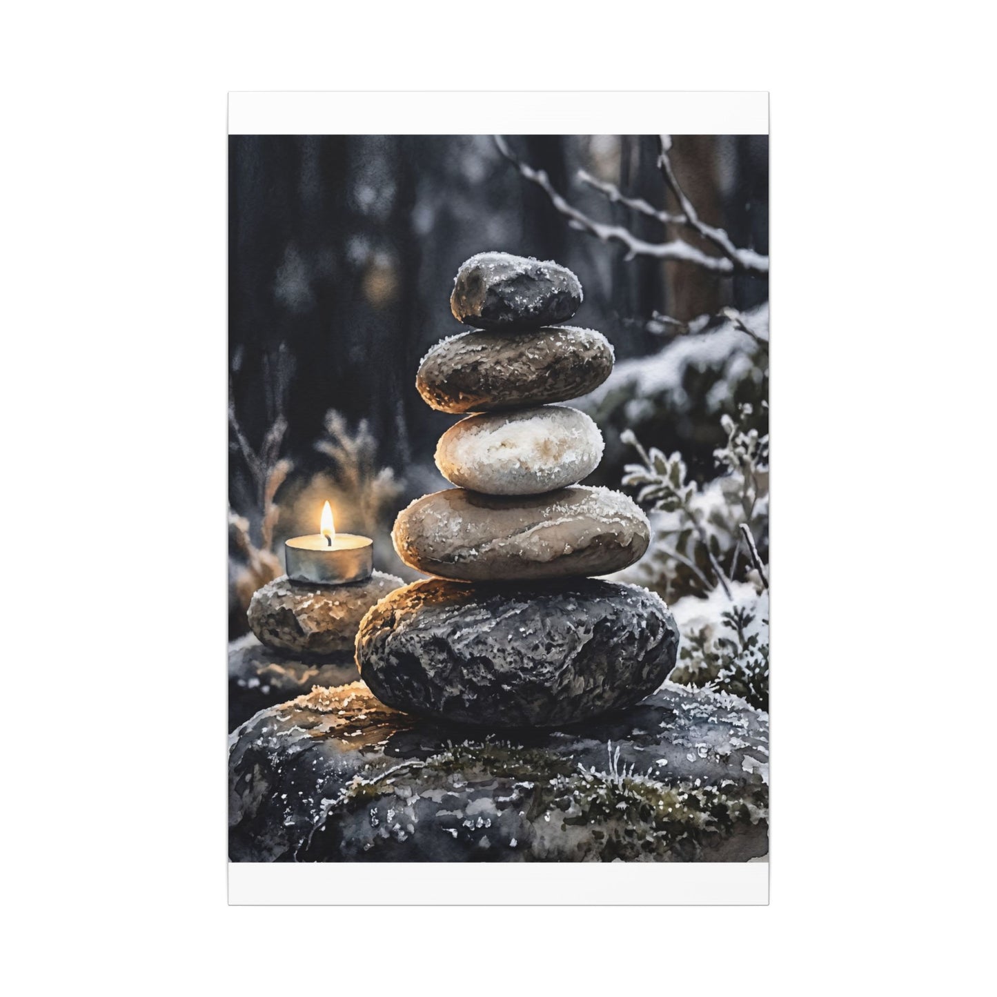 River Stones Canvas Art | Winter Japandi Watercolor Art