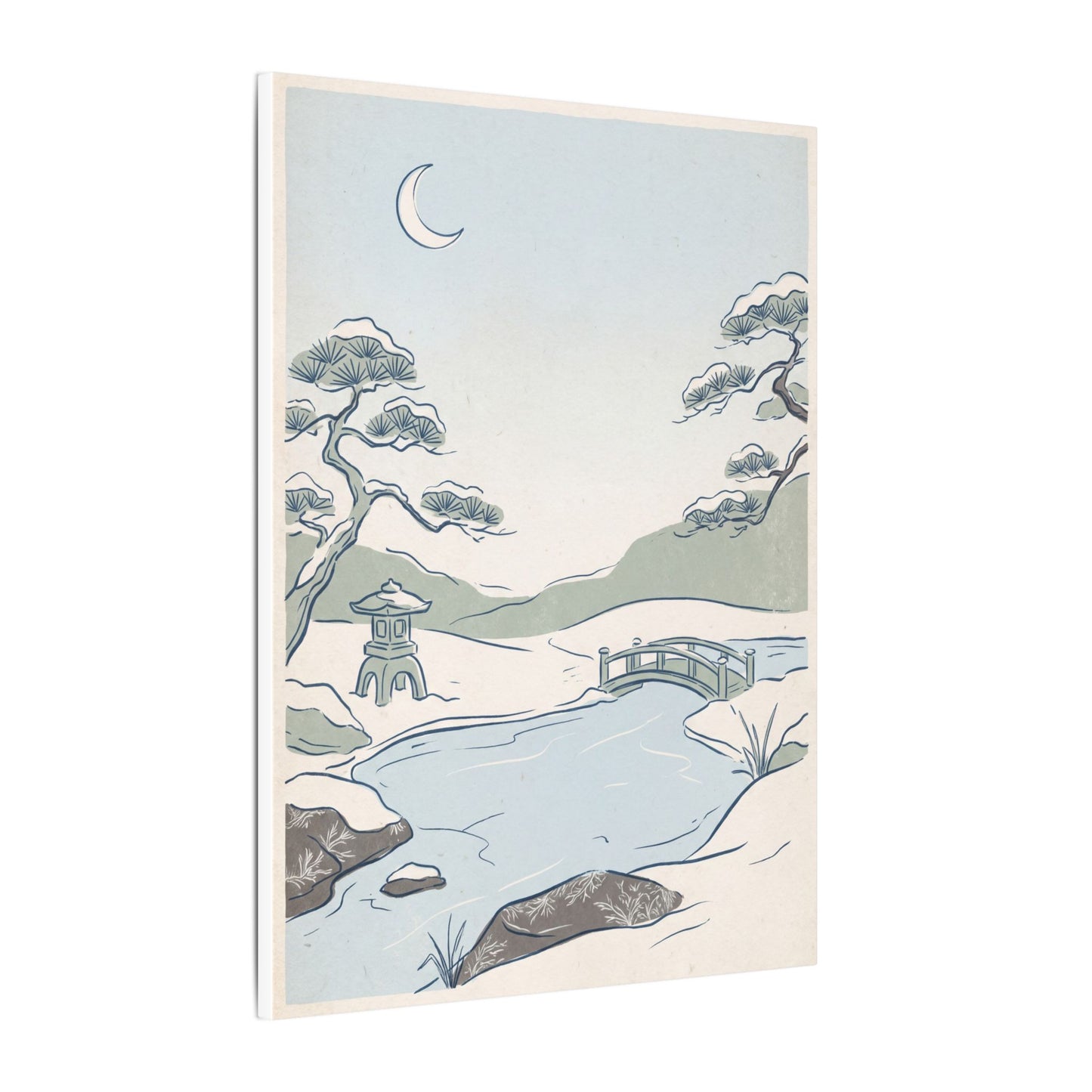 Japandi Moonlit Garden in Moonlight | Minimal Line Canvas Art