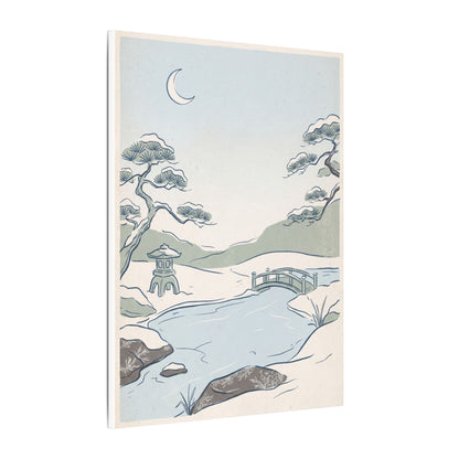 Japandi Moonlit Garden in Moonlight | Minimal Line Canvas Art