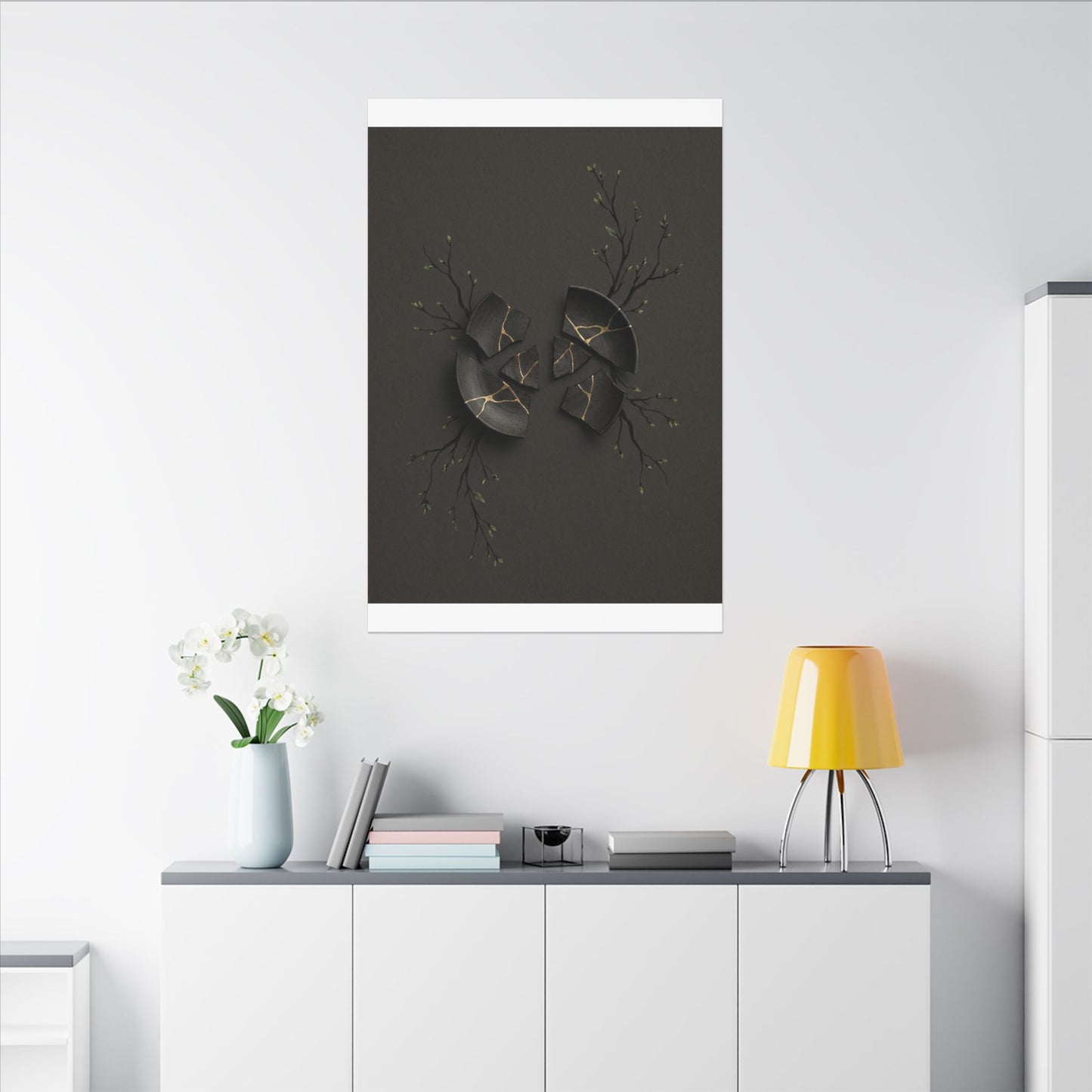 Sophisticated Broken Pottery Canvas Art - Charcoal Ink Dark Japandi