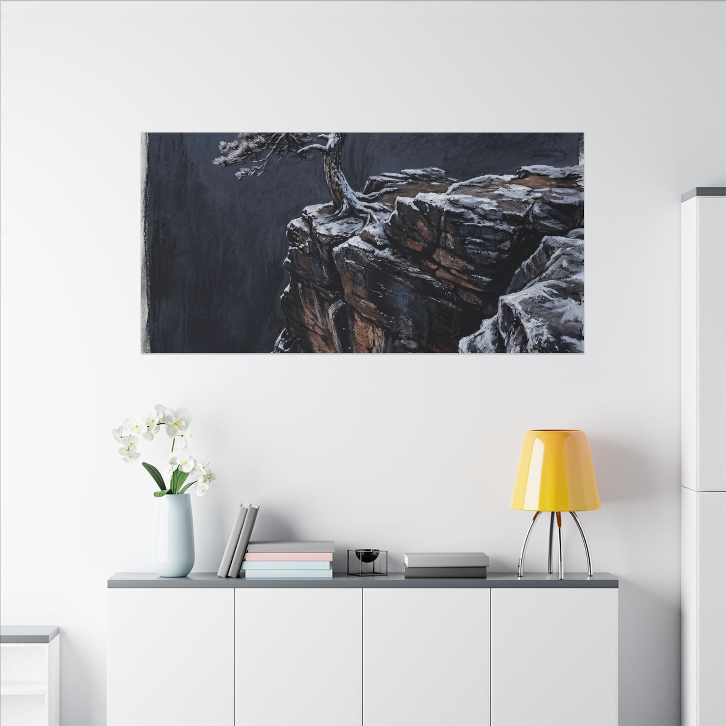 Dark Japandi Pine Tree in Dawn | Dark Texture Canvas Art