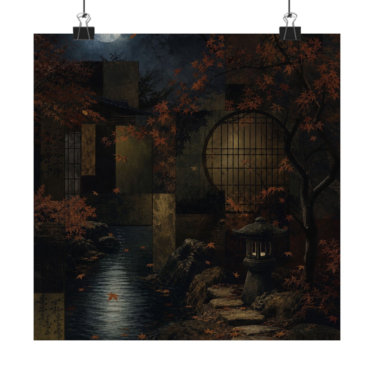 Moonlit Garden Shadow Zen Wall Art Print | Moody Dark Japandi Art