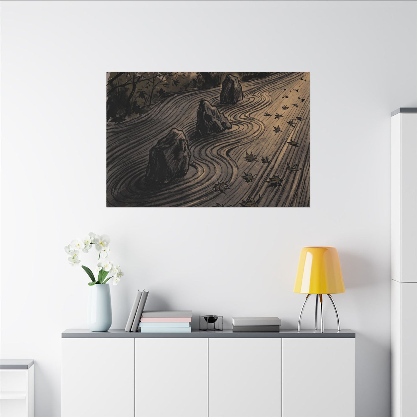 Rock Garden Canvas Art | Autumn Dark Japandi Charcoal Ink Art