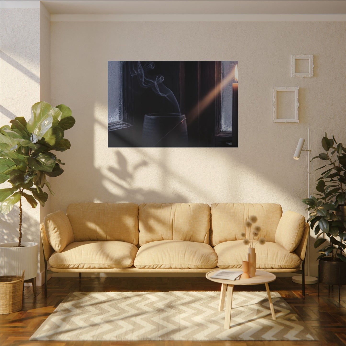 Incense Smoke Winter Canvas Art | Dark Japandi Sophisticated Design