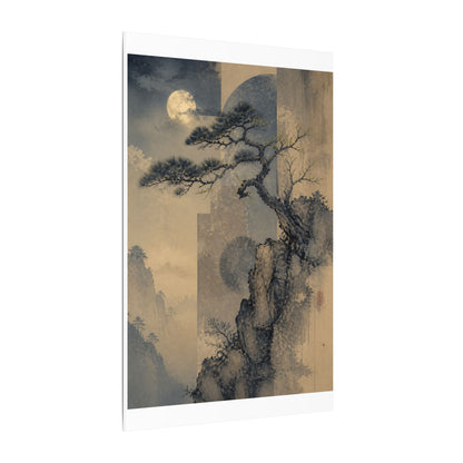 Japandi Pine Tree in Moonlight | Japanese Pattern Canvas Art