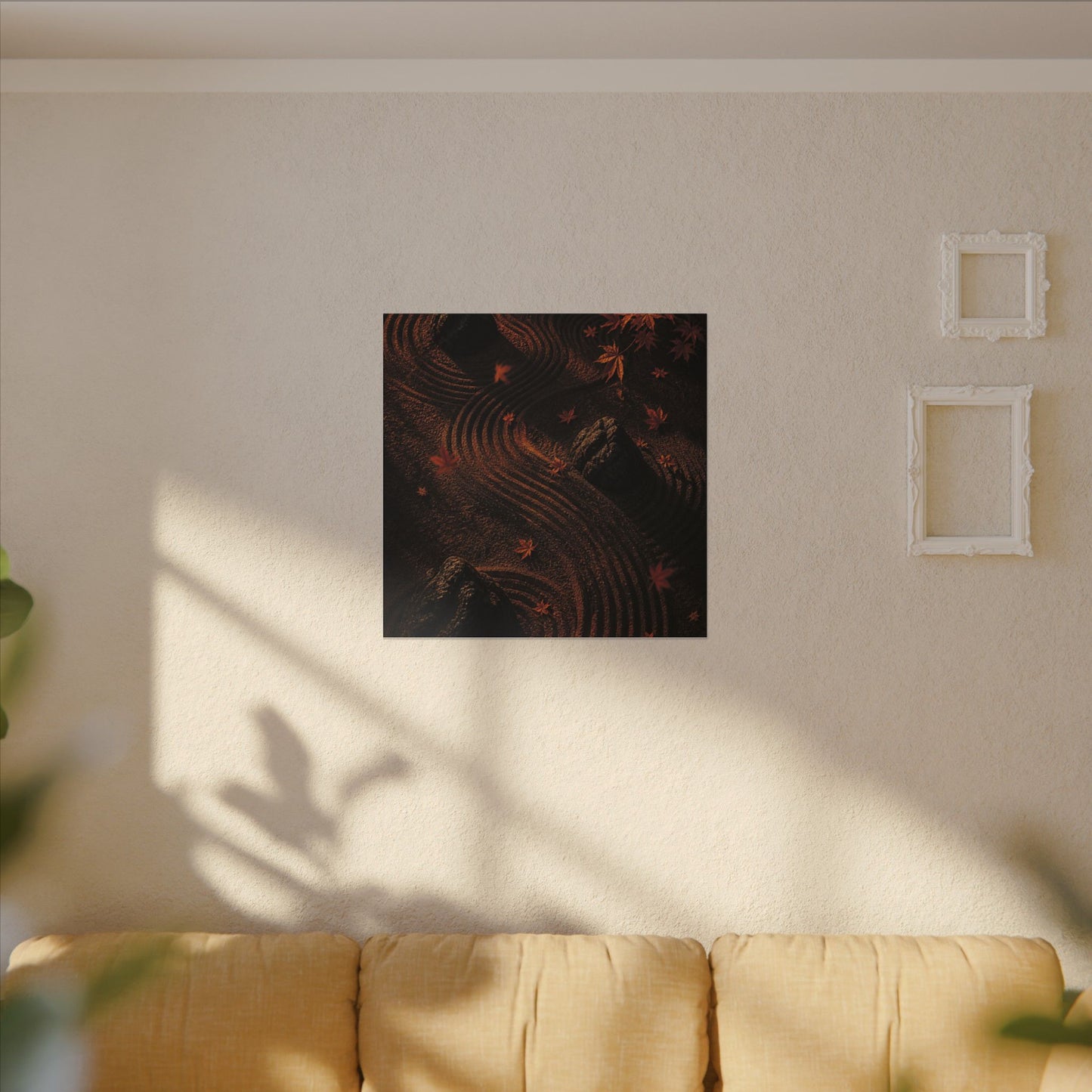 Dark Japandi Rock Garden in Golden Hour | Charcoal Ink Canvas Art