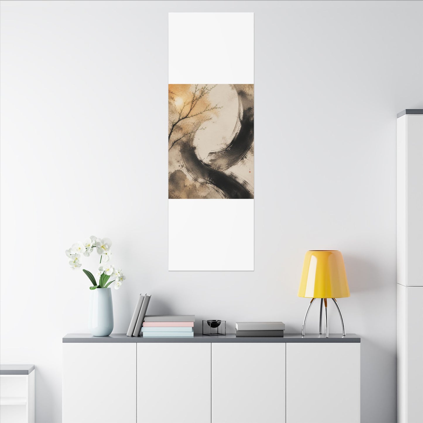 Japandi Ink Brushstroke in Golden Hour | Watercolor Canvas Art