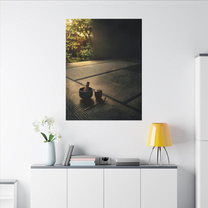 Dark Japandi Tea Ceremony in Golden Hour | Dark Texture Canvas Art