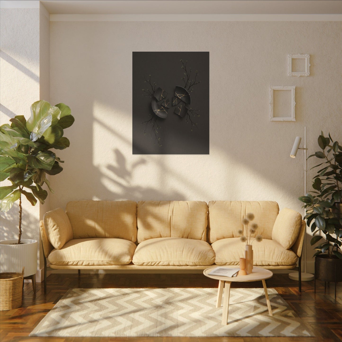 Sophisticated Broken Pottery Canvas Art - Charcoal Ink Dark Japandi
