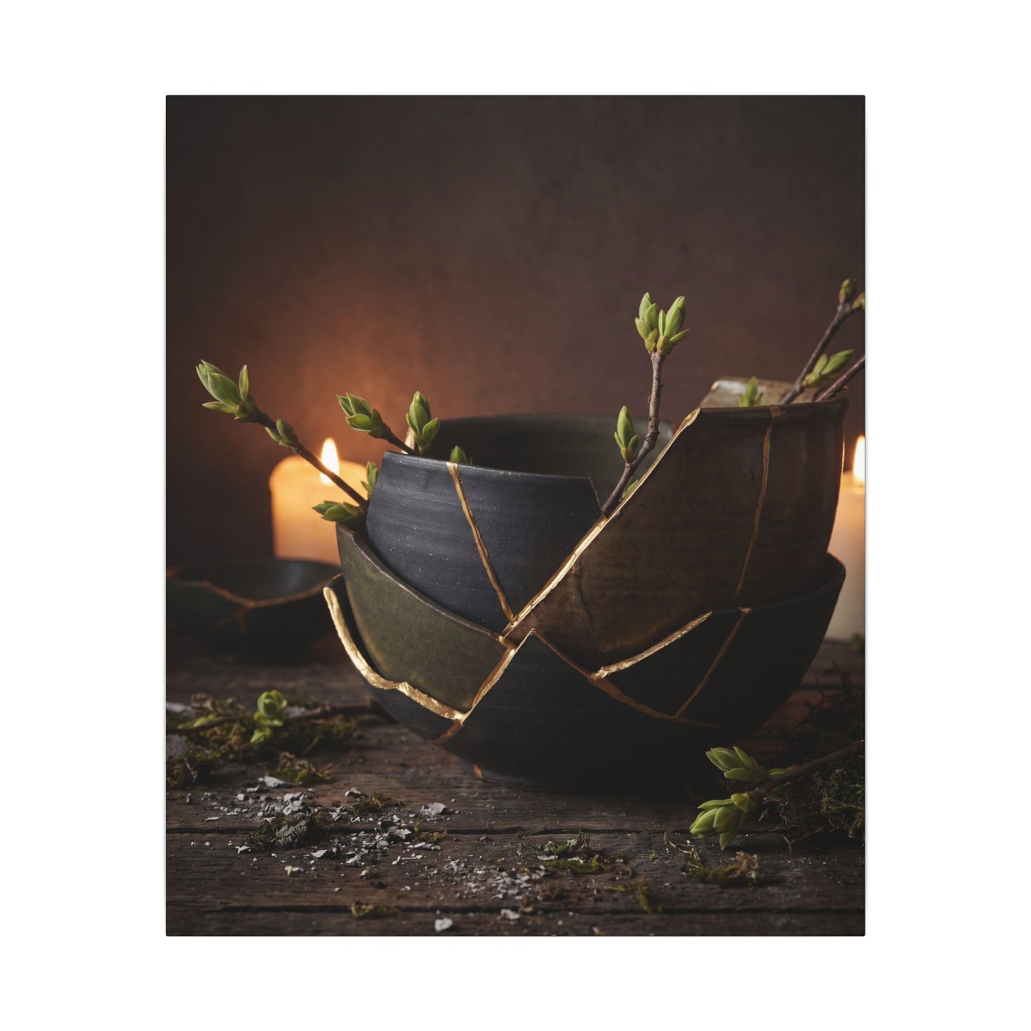 Broken Pottery Spring Canvas Art | Dark Japandi Luxurious Design