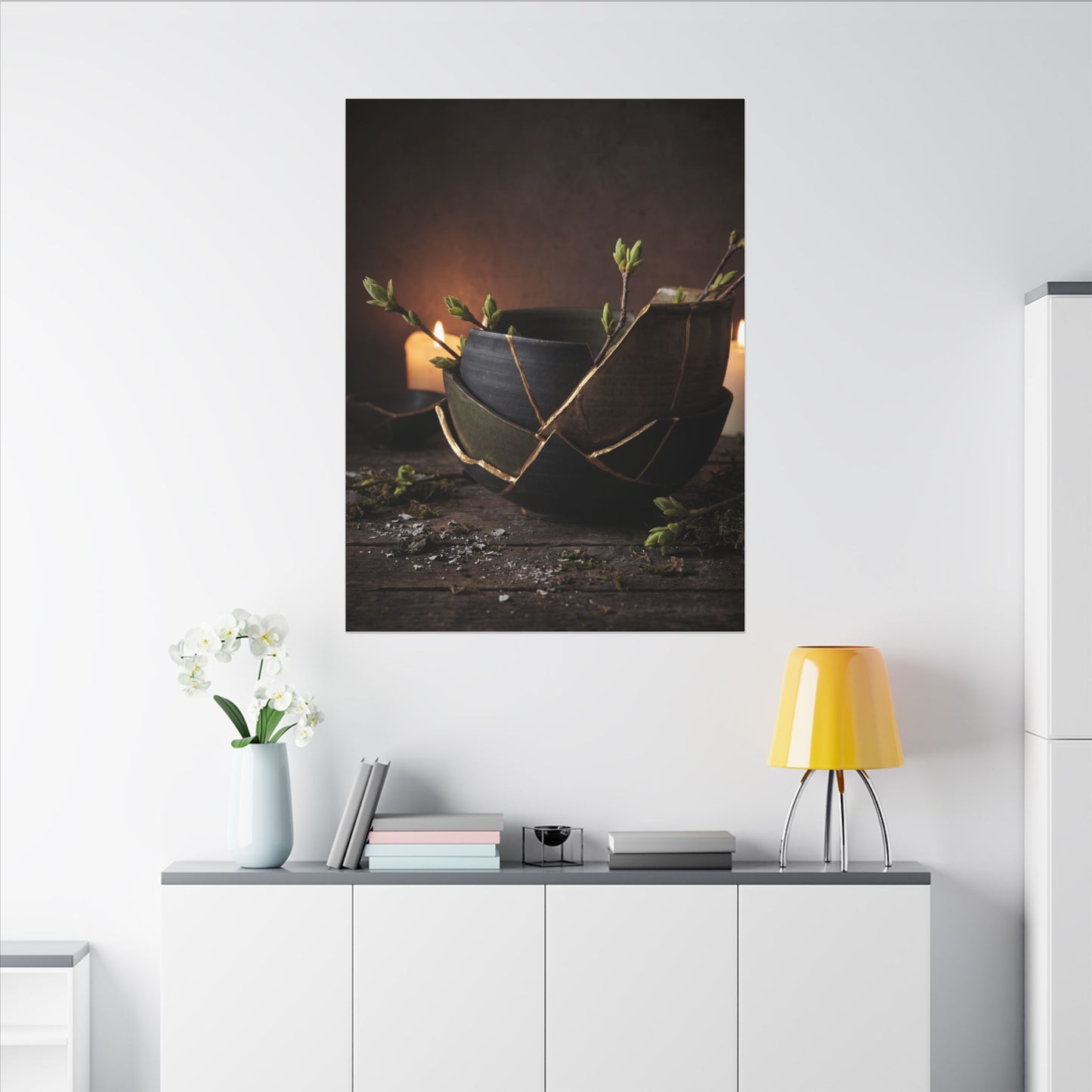 Broken Pottery Spring Canvas Art | Dark Japandi Luxurious Design