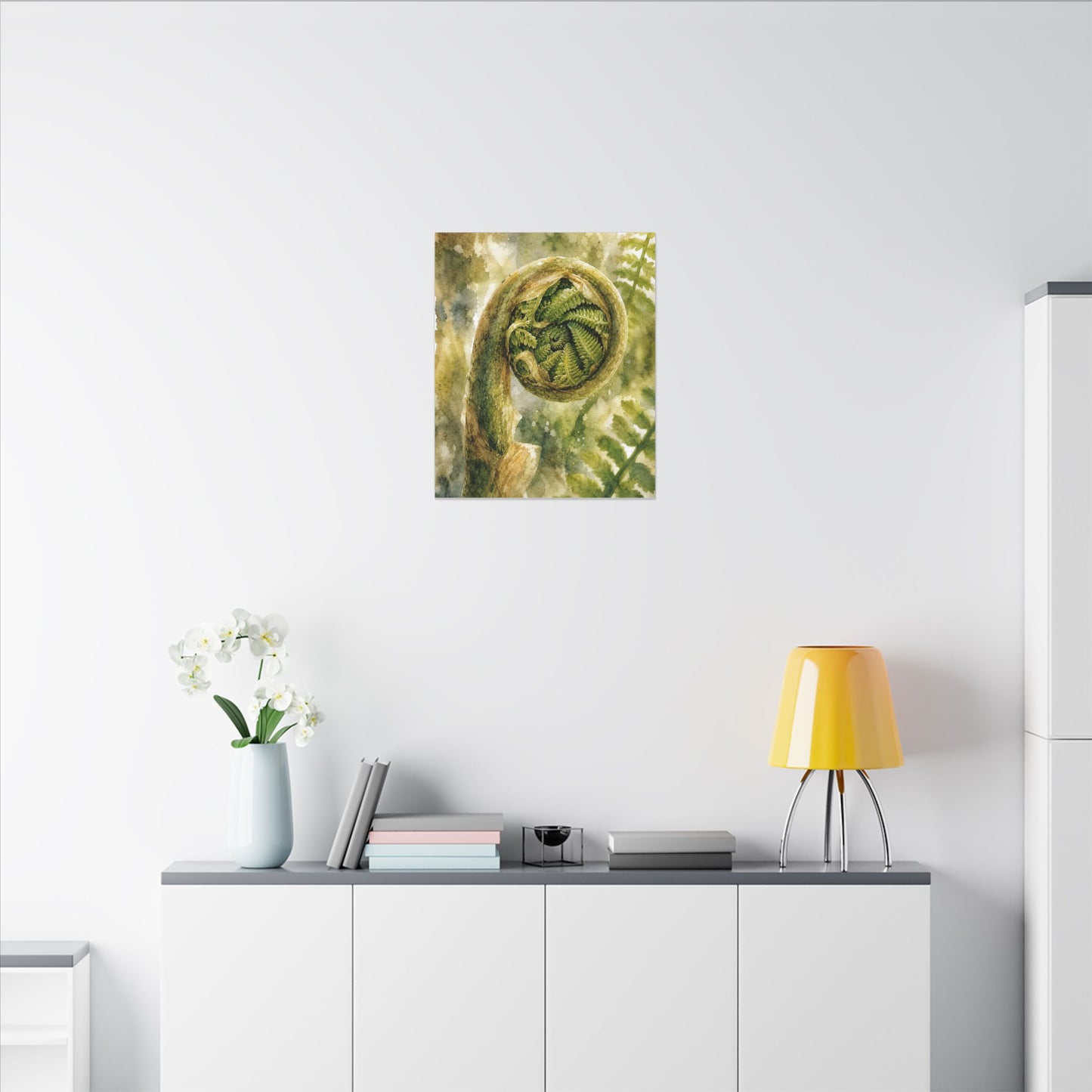 Japandi Fern Unfurling in Dappled | Watercolor Canvas Art