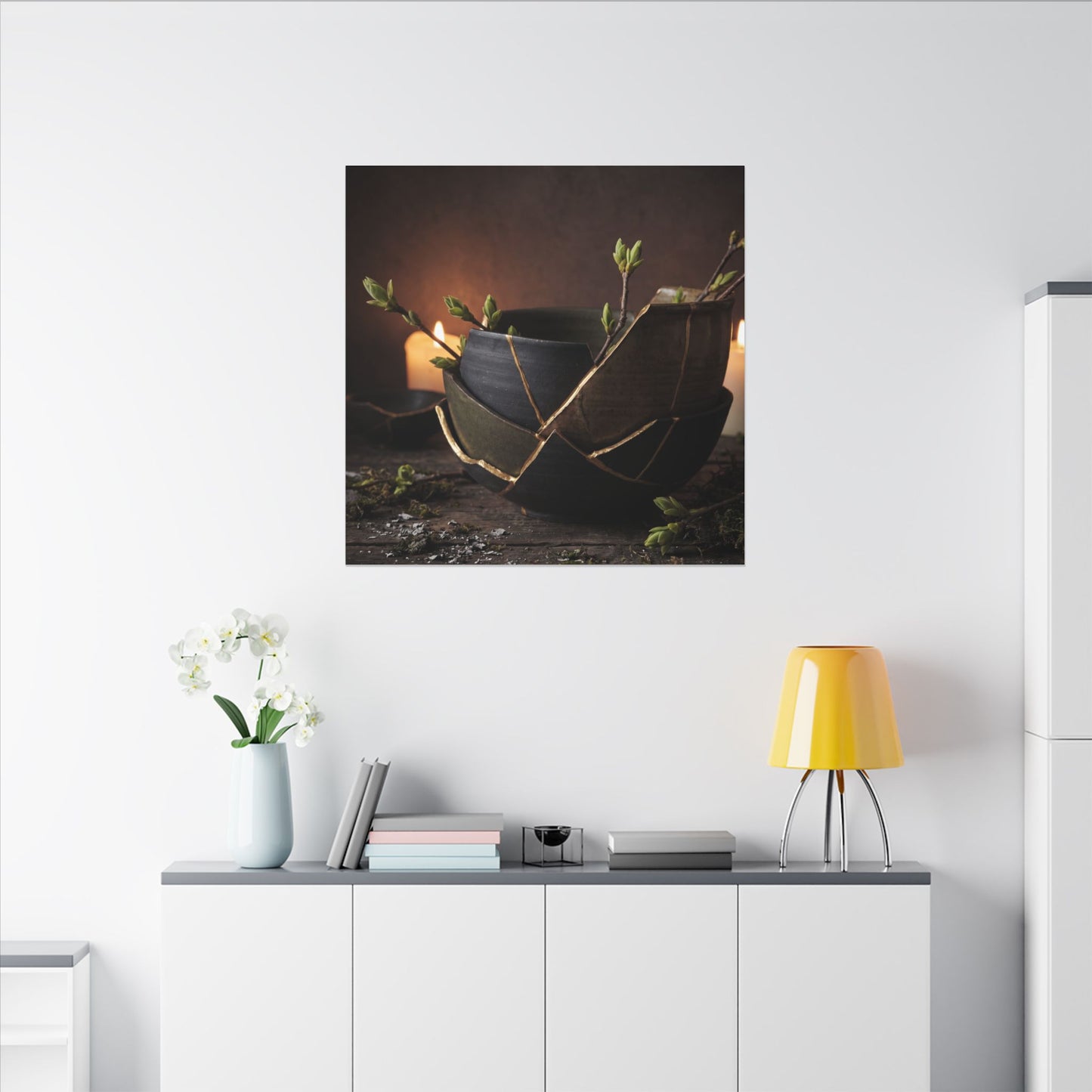 Broken Pottery Spring Canvas Art | Dark Japandi Luxurious Design