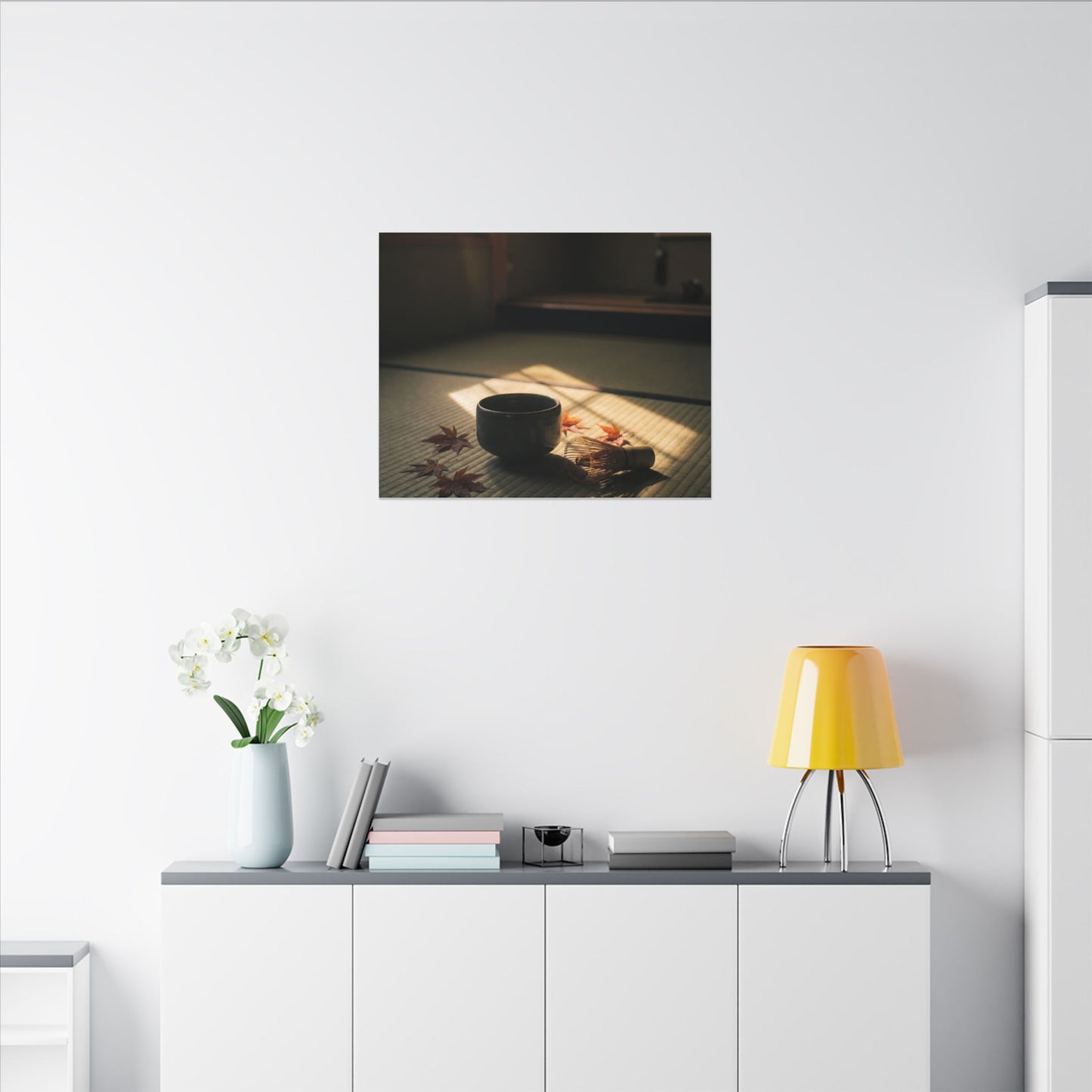 Dark Japandi Tea Ceremony in Golden Hour | Moody Minimal Canvas Art