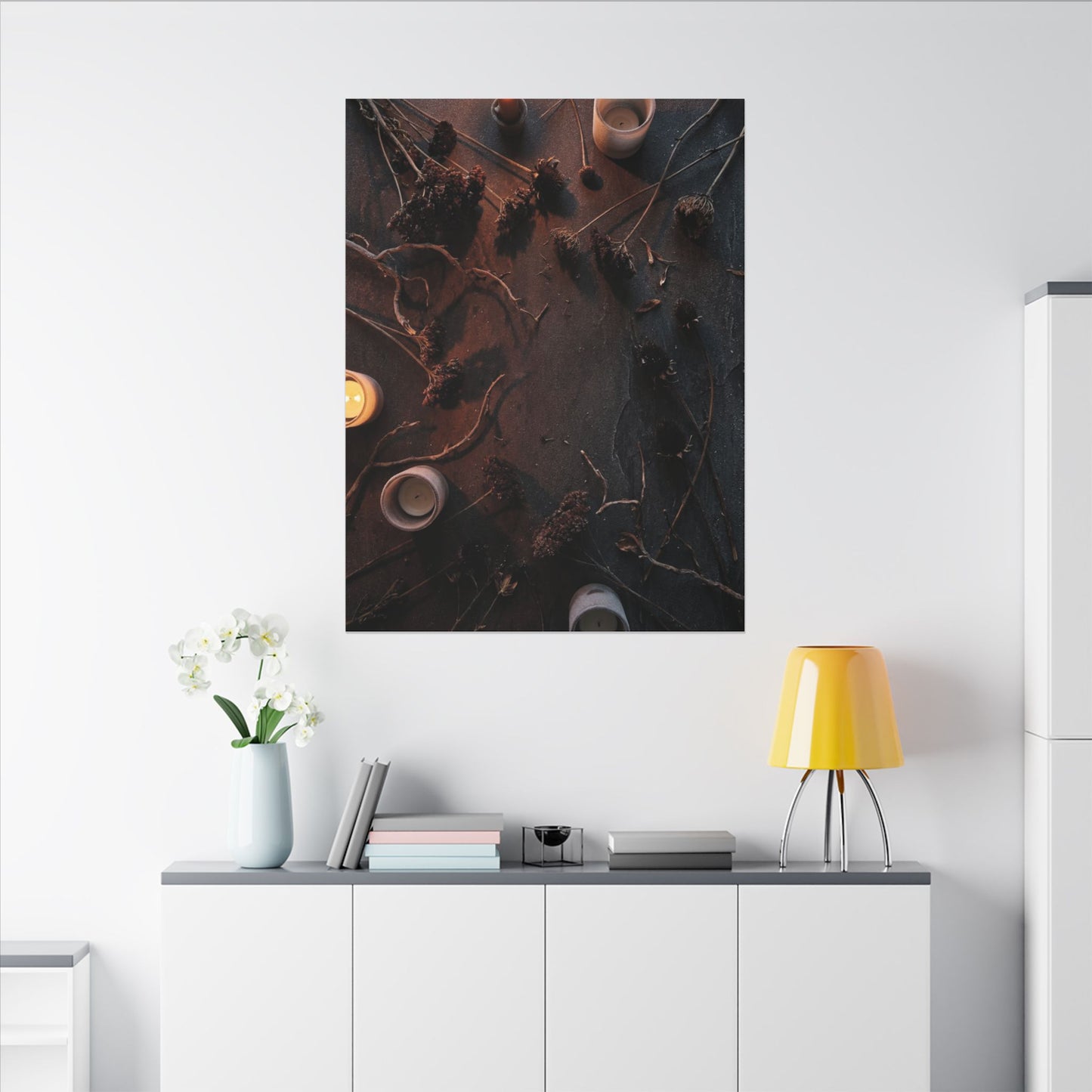 Dried Flowers Canvas Art | Winter Dark Japandi Moody Minimal Art