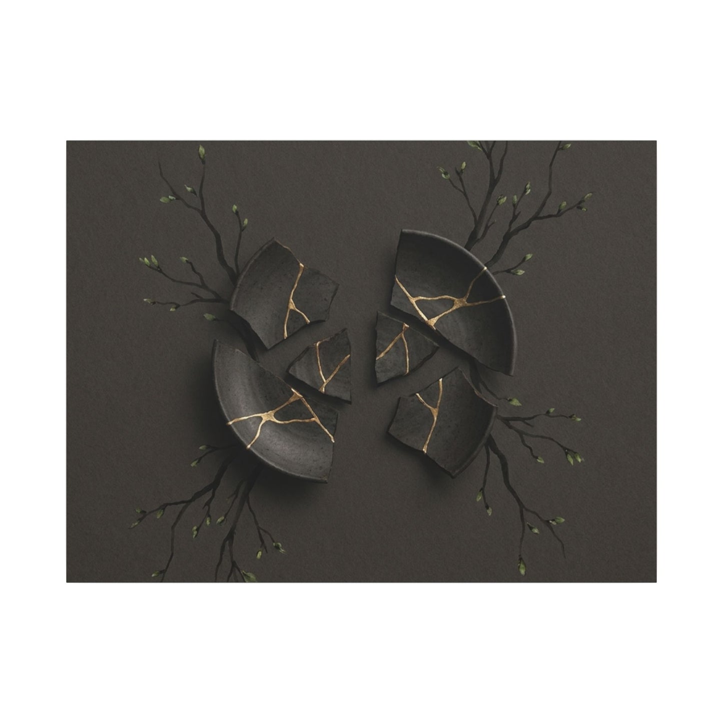 Sophisticated Broken Pottery Canvas Art - Charcoal Ink Dark Japandi