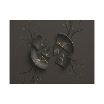 Sophisticated Broken Pottery Canvas Art - Charcoal Ink Dark Japandi