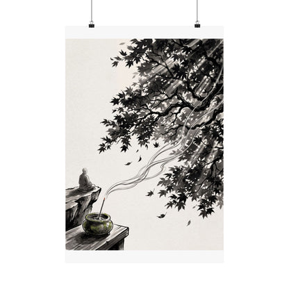 Contemplative Incense Smoke Wall Art Print - Ukiyo E Inspired Zen Art Print
