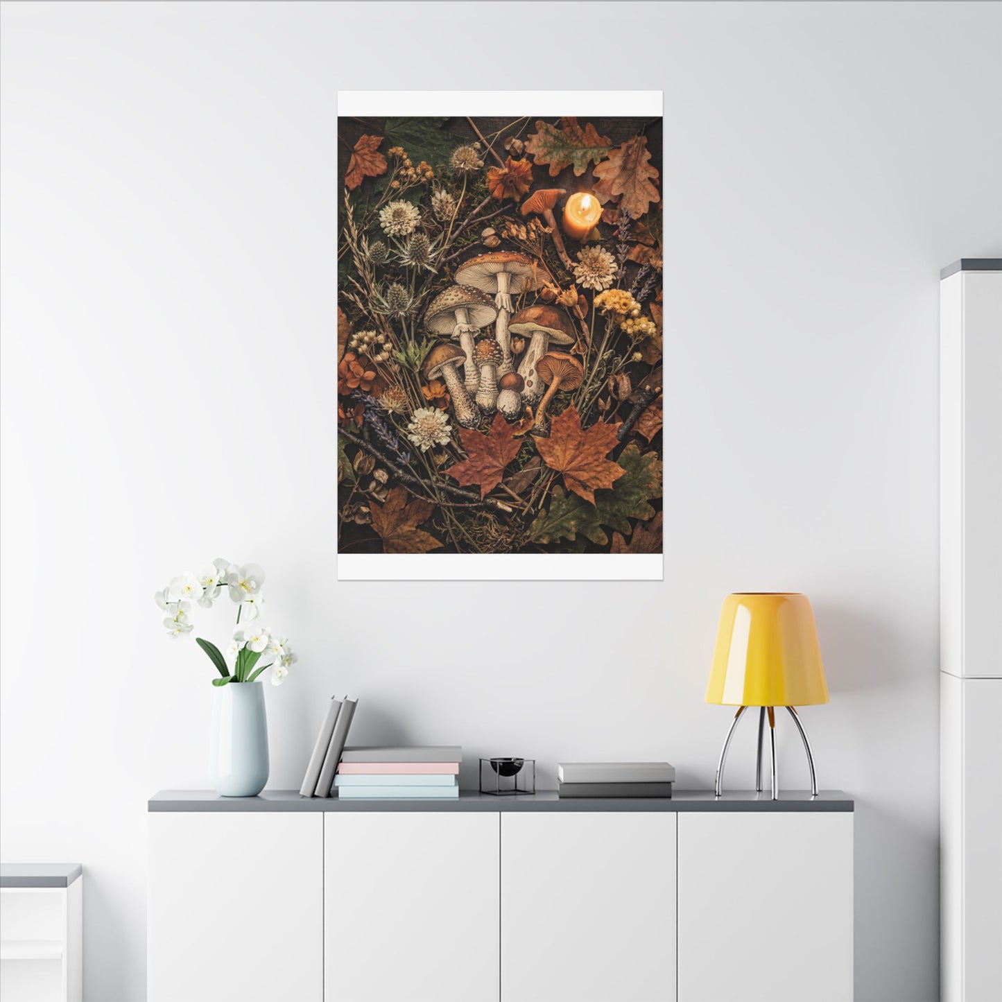 Autumn Dried Flowers Mushroom Illustration Canvas Art | Earthy Decor