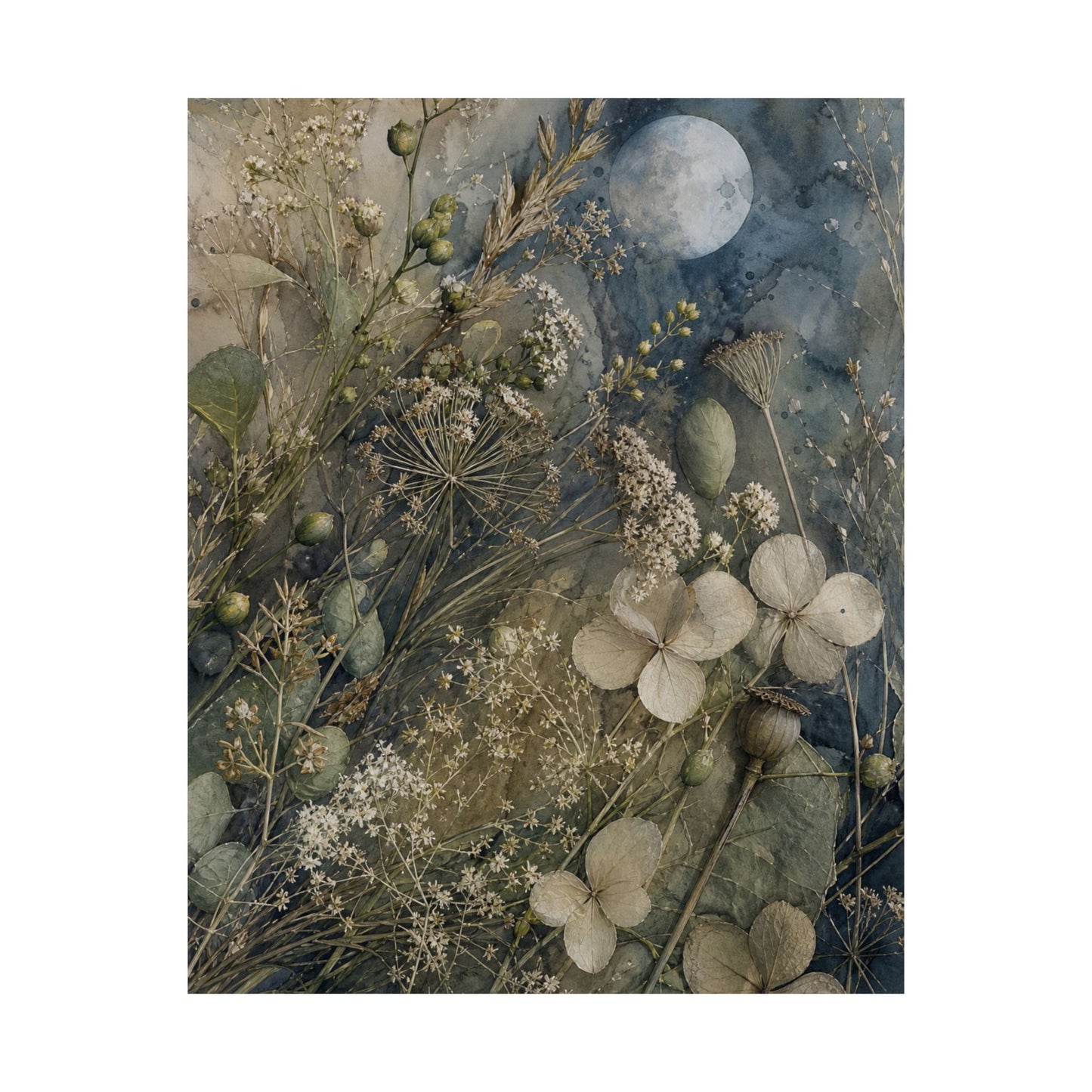 Japandi Dried Flowers in Moonlight | Watercolor Wall Art Print