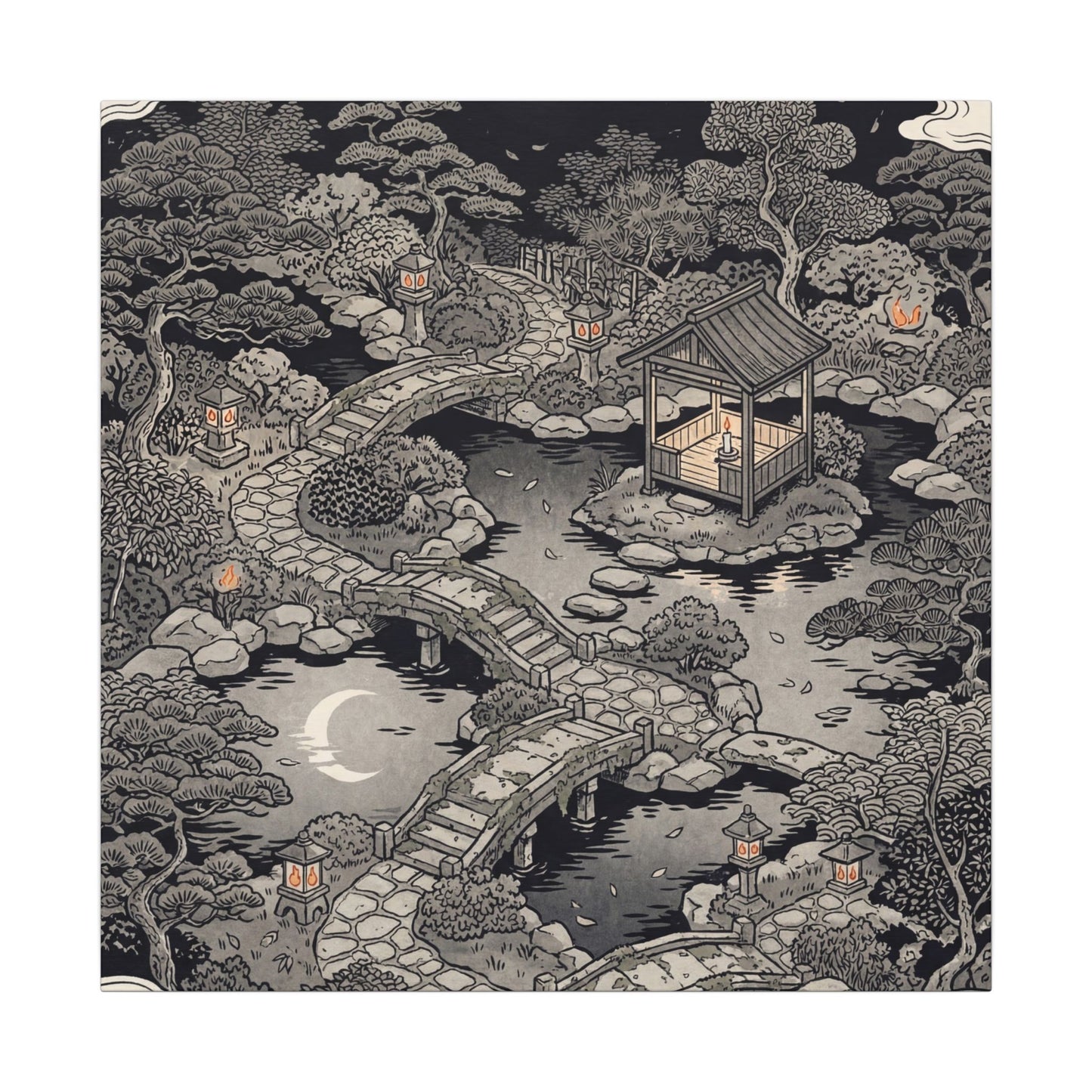 Moonlit Garden Ukiyo E Inspired Canvas Art | Serene Zen Art