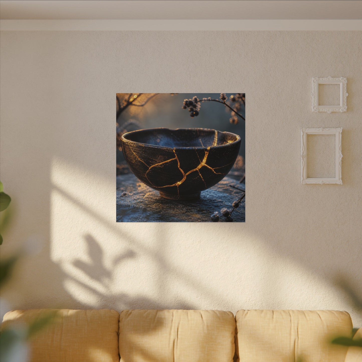 Ceramic Bowl Canvas Art | Winter Kintsugi Gold Repair Art
