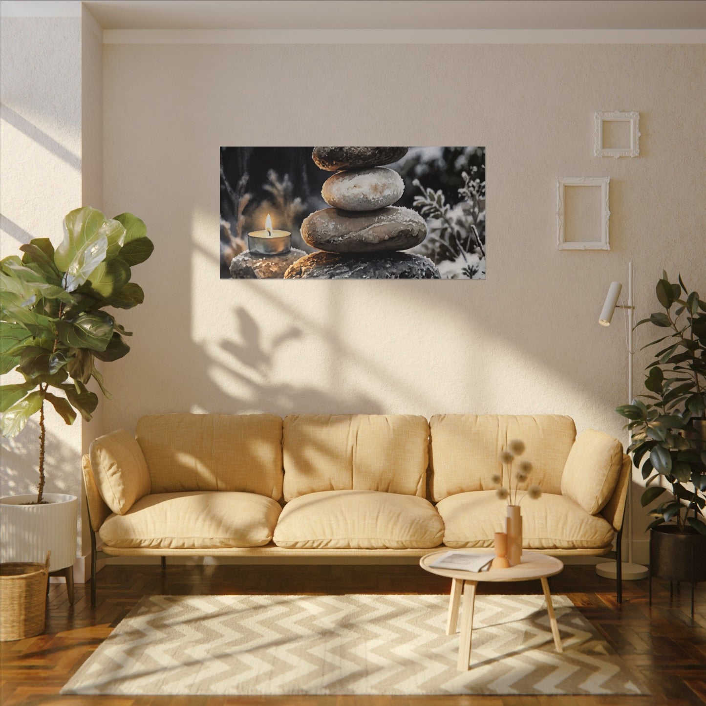 River Stones Canvas Art | Winter Japandi Watercolor Art