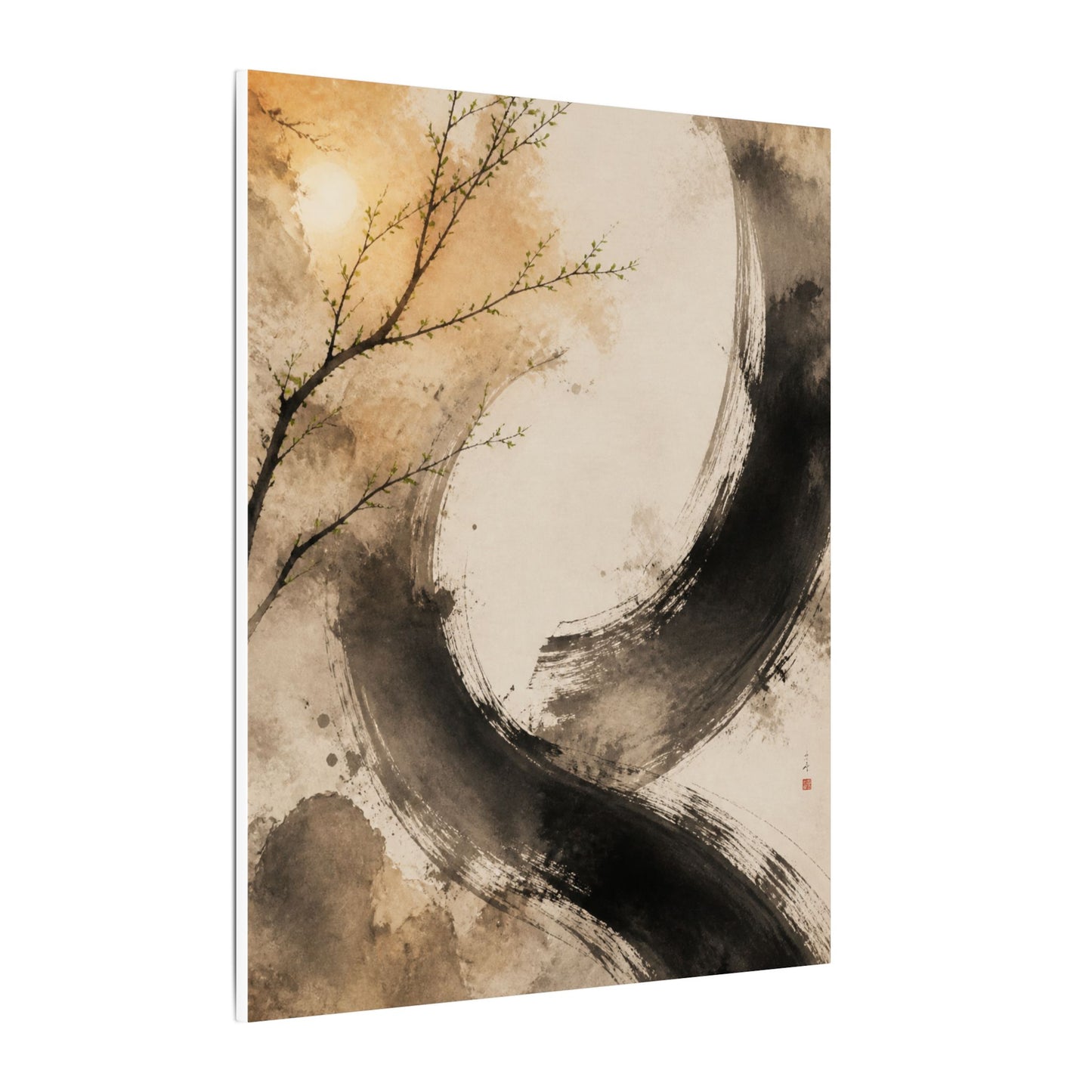 Japandi Ink Brushstroke in Golden Hour | Watercolor Canvas Art