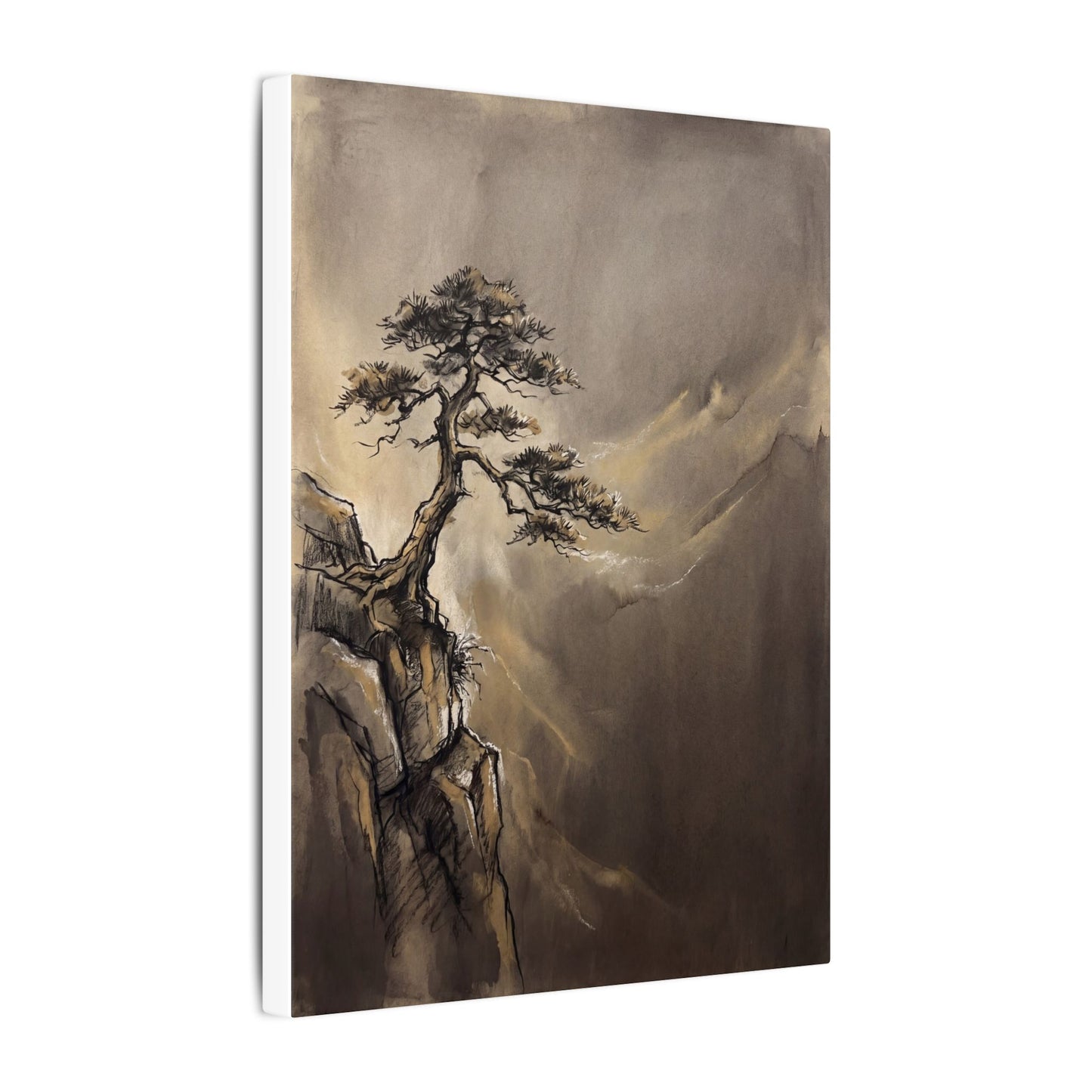 Pine Tree Charcoal Ink Canvas Art | Luxurious Dark Japandi Art