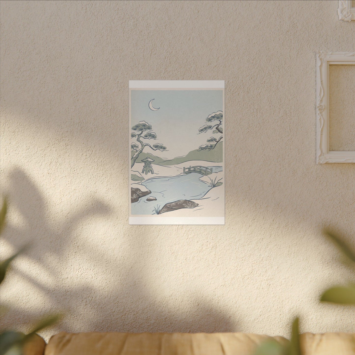 Japandi Moonlit Garden in Moonlight | Minimal Line Canvas Art