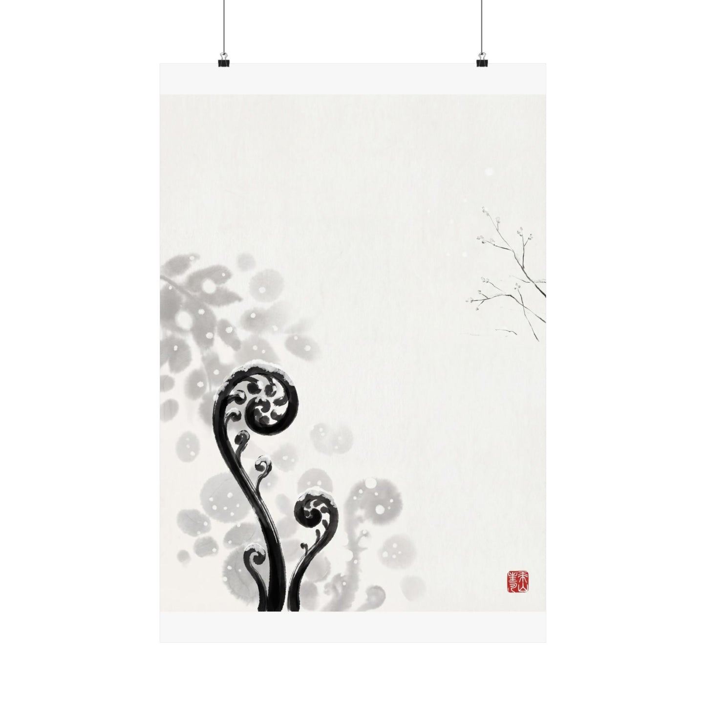 Winter Fern Unfurling Ukiyo E Inspired Wall Art Print | Serene Decor Art Print