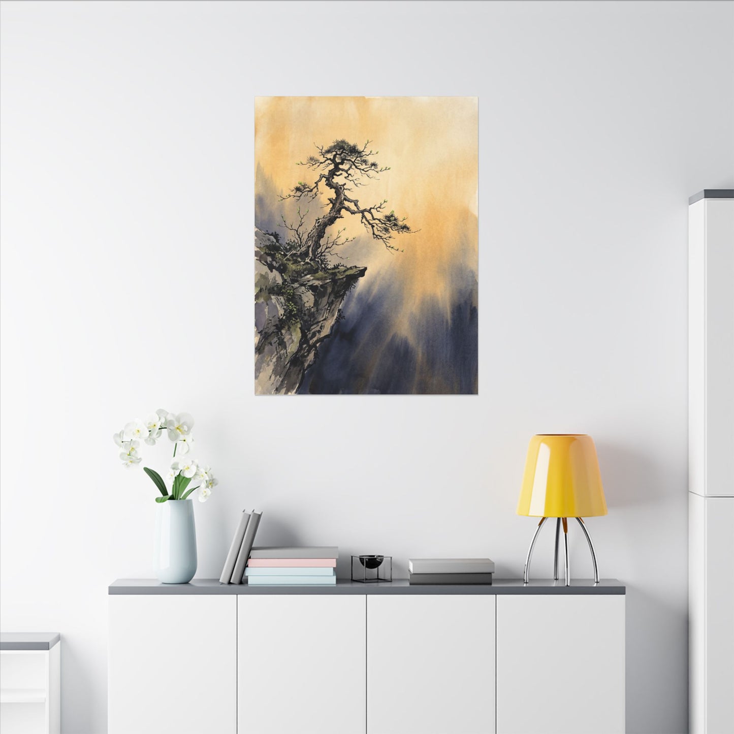 Zen Pine Tree in Golden Hour | Sumi E Canvas Art