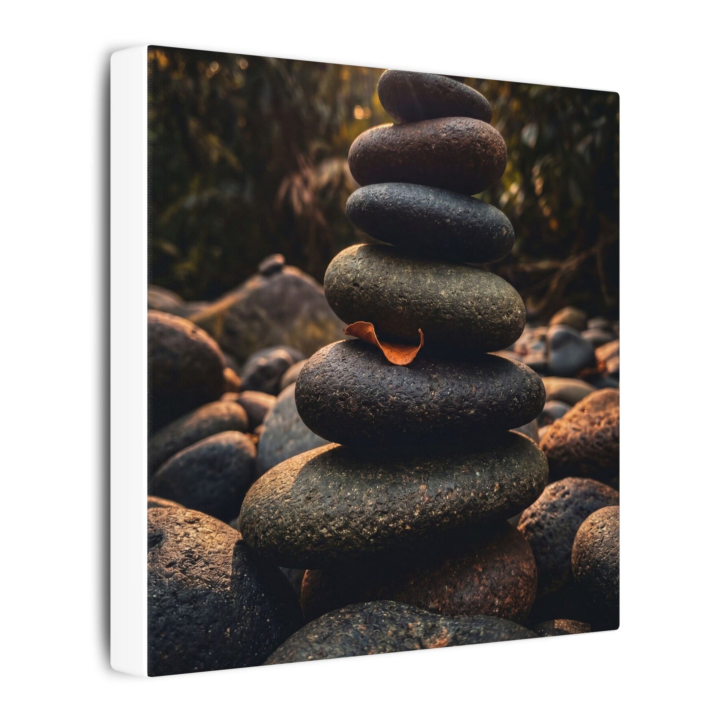 Dark Japandi River Stones in Golden Hour | Moody Minimal Canvas Art