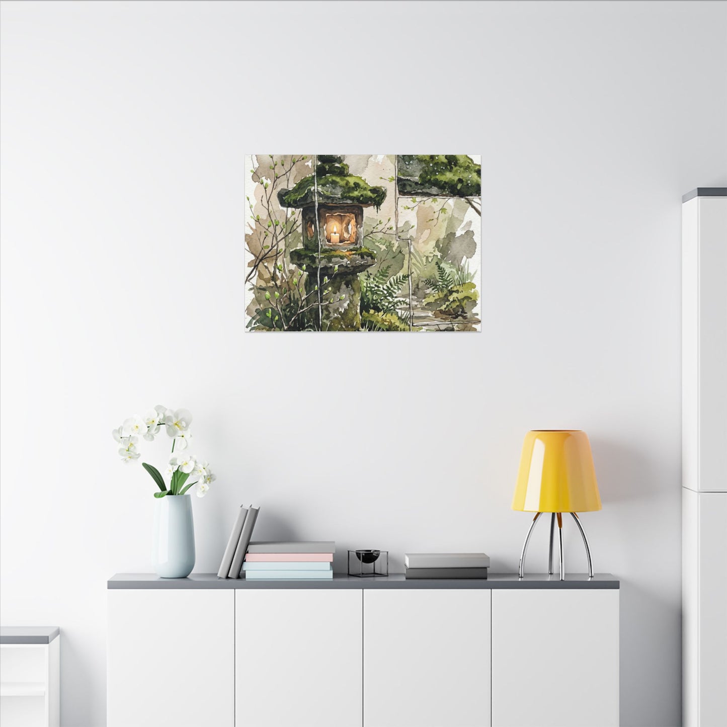 Stone Lantern Watercolor Canvas Art | Elegant Japandi Art