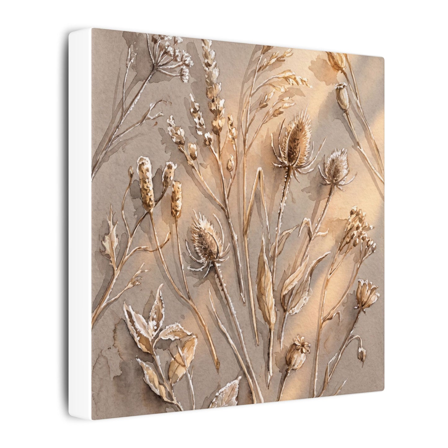 Japandi Dried Flowers in Golden Hour | Watercolor Canvas Art