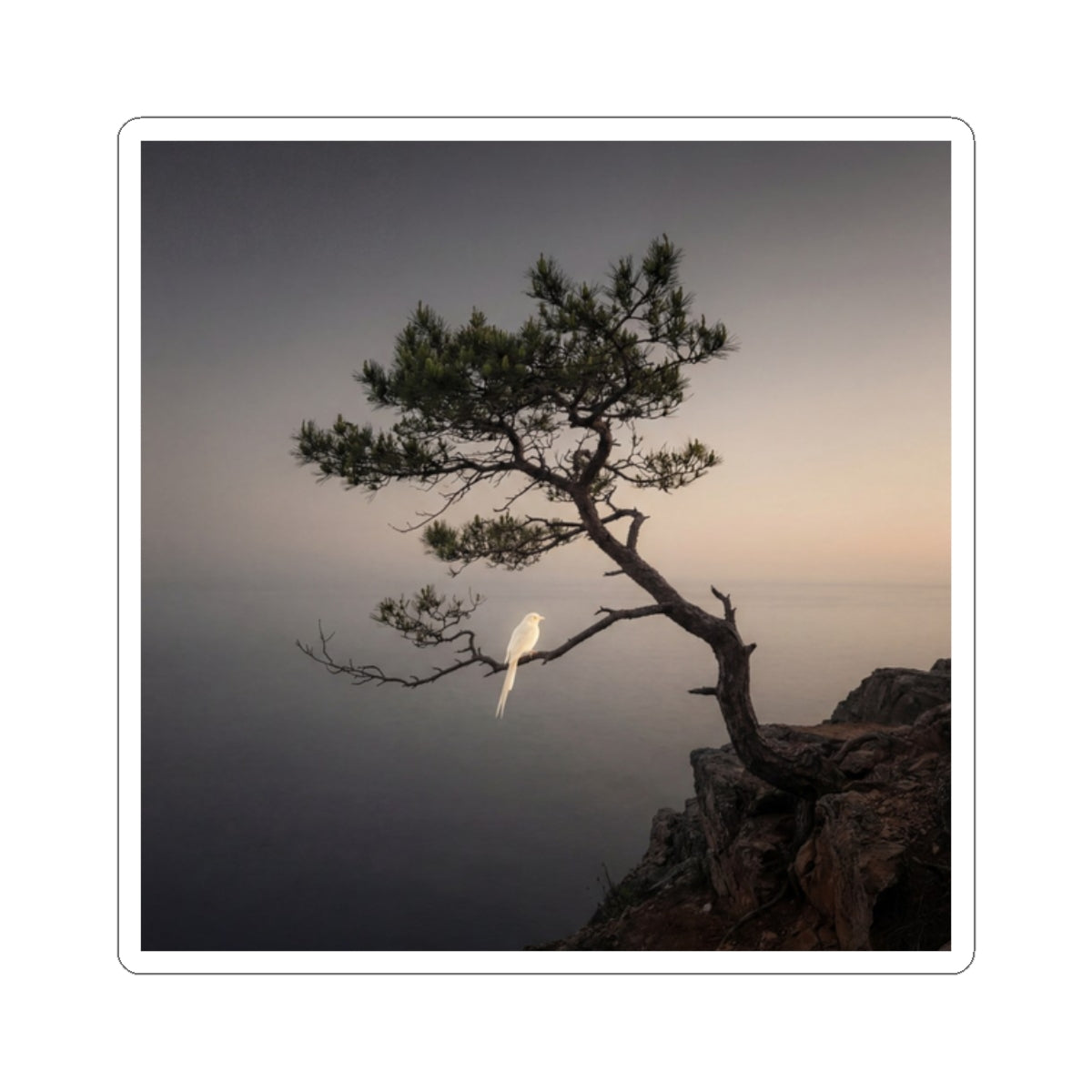 Dark Japandi Pine Tree in Dawn | Moody Minimal Sticker Art Print